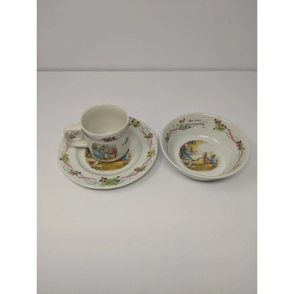 Vintage Beatrix Potter Peter Rabbit Christening 3-Piece Child Dish Set Cup Bowl